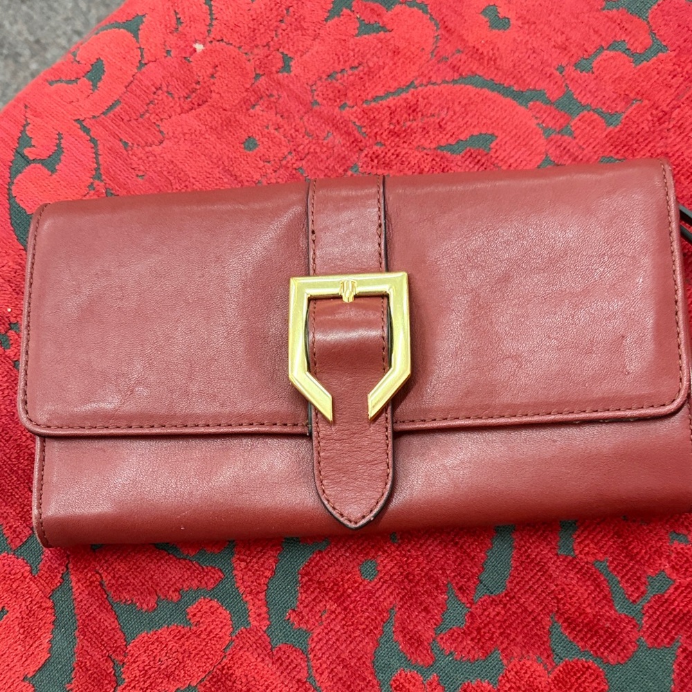 Stylish Red Leather Wallet with Gold Buckle